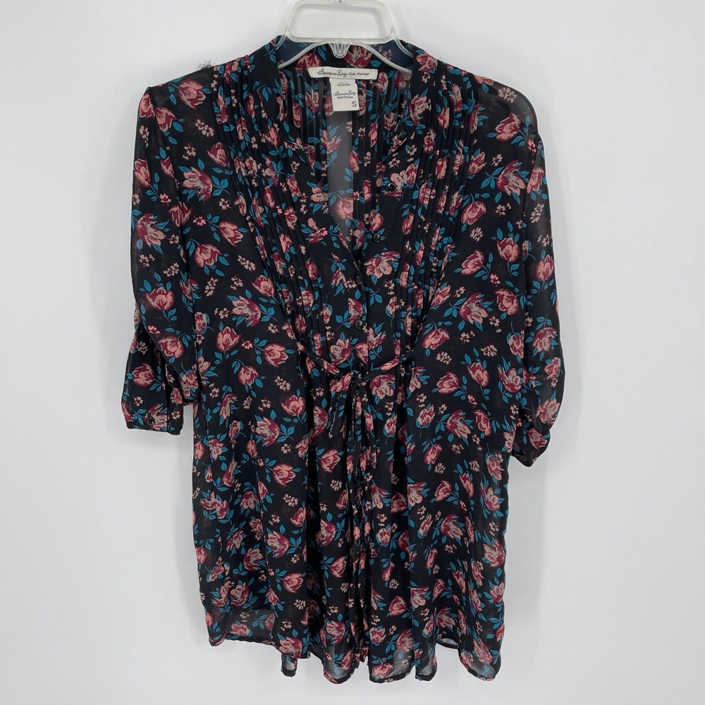 American Rag Cie Women's Black Floral Pleated Button Up Tunic Blouse Size S